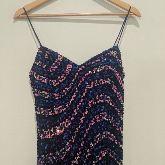Adrianna Papell Spaghetti Sweetheart Navy Sequin Maxi Dress - Picture 5 of 15